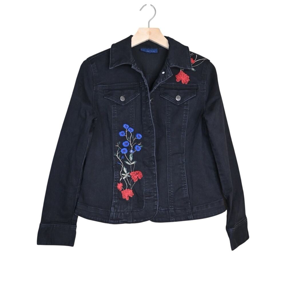 Charter Club Women's S Floral Embroidered Black Denim Jean Jacket